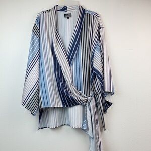 YASB, Kimono sleeve belted wrap around high low silky striped V neck blouse EUC
